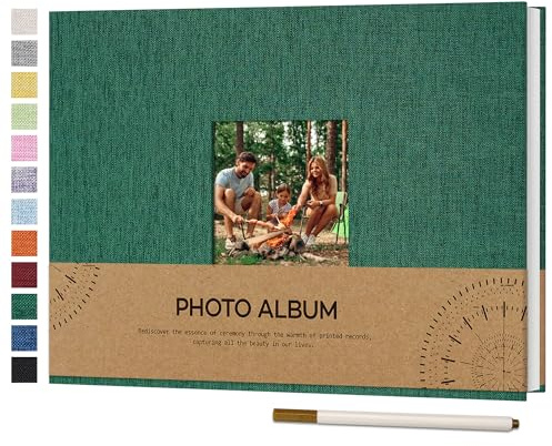 Vienrose Album Fotografico Autoadesivo con Finestra di Visualizzazione 10 x 15, Piccolo Album Scrapbook con Copertina in Lino 40 Pagine Bianche con Penna in Metallo, 21,5x30 cm Verde scuro