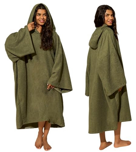 Brentfords Hooded Towel Adults, Changing Robe Large Bath Surf Beach Swimming Robe Absorbent Quick Dry Soft Microfibre Towel Wrap for Women Men, Khaki Green