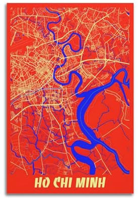 BPQN Poster vintage con mappa dell'Asia, Vietnam, Ho Chi Minh, stampa artistica su tela, 40 x 60 cm