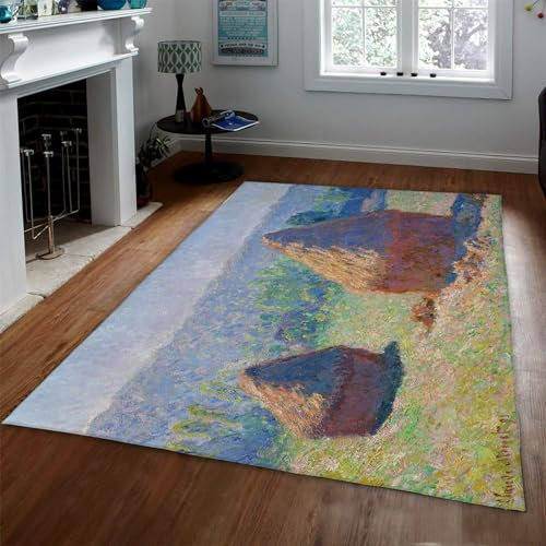 LANDERSION Claude Monet Kunstwerk Teppich Frühling getrocknetes Stroh Flor rutschfeste Mikrofaser Bereich Teppiche für Schlafzimmer Wohnzimmer Dekor Kunstliebhaber Geschenk Teppich 160x230cm