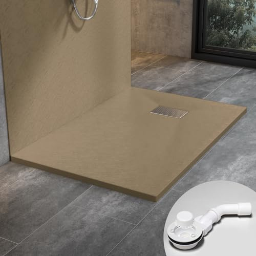 WITEN&NOCK SMC Duschwanne 120x90cm braun Brausewanne Duschtasse 3,2cm extra flache Steinoptik Antirutsch inkl. Edelstahl Abdeckung und Ablaufgarnitur Ø90mm Siphon