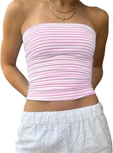BAIGRAM Women Striped Tube Tops Summer Cute Going Out Crop Top Y2K Slim Fit Strapless Cropped Shirts Bandeau