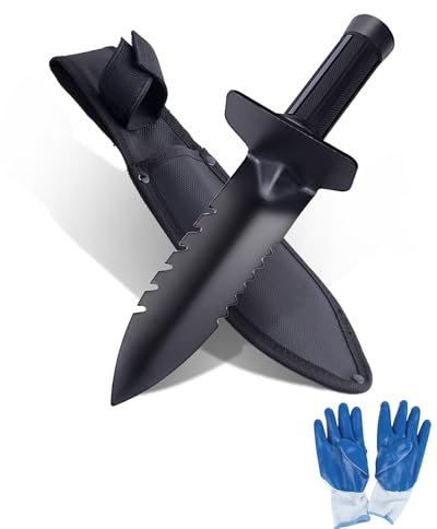 Heavy-Duty Metal Detecting Shovel, Double Serrated Metal detecting shovel with Sheath, Camping digging tool, Sturdy Digger Trowel for Treasure Hunting, Camping, Gardening,Includes A Pair of Gloves