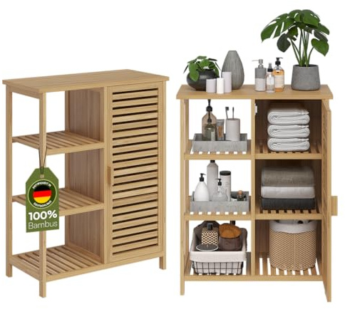 Bellamio Newa Badschrank Bambus, 6 Fächer, 1 Tür, Holzoptik, lackiert | Badezimmerschrank, Aufbewahrungsschrank 85x33x66 cm, schmales Bambusregal, Badregal, Badezimmermöbel, Stauraumschrank