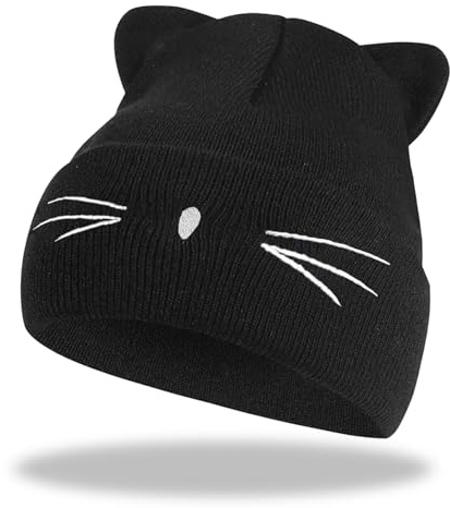 MUNSKT Berretto invernale da donna, caldo e carino, con orecchie di gatto, lavorato a maglia, lavorato a uncinetto, alla moda, morbido, da sci, snowboard, doppio pompon in finta pelliccia, per ragazze