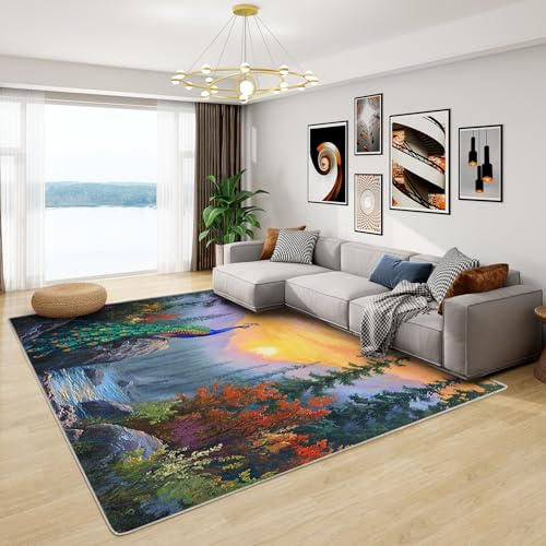 Teppich Mit Pfau - Teppich Wohnzimmer Schlafzimmer Wald Berge, Großer Teppich Bäume, Weich Kurzflor & Waschbar & rutschfest Wohnzimmerteppich, Kinderteppich, Bettvorleger 160x230 cm