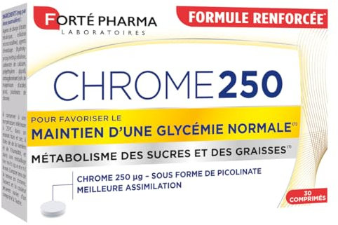 Forté Pharma - Chrome 250 - Complément alimentaire Minceur, maintien d'une glycémie normale - Picolinate de chrome, Fringales, Anti grignotage, Contrôle de l'appétit - 30 comprimés, 2/jour