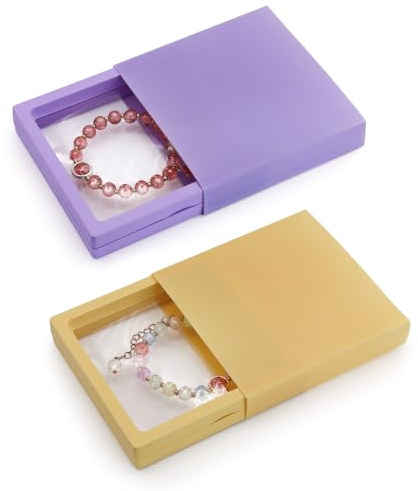 AdiStylinno Caja de joyería, película de polietileno transparente, caja de regalo pequeña para mujeres, joyero de viaje, para pulseras, pendientes, collares, cumpleaños, 9 x 9 x 2 cm (amarillo+morado)