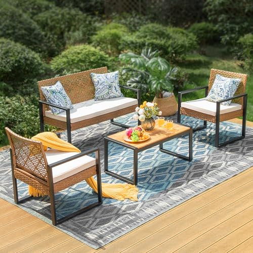 MFSTUDIO Polyrattan Gartenmöbel Set Balkonmöbel Outdoor Sitzgruppe Set Terrassenmöbel Lounge Gartenmöbel Set Tischplatte aus Massivem Akazienholz Braun Rattan Beige Kissen