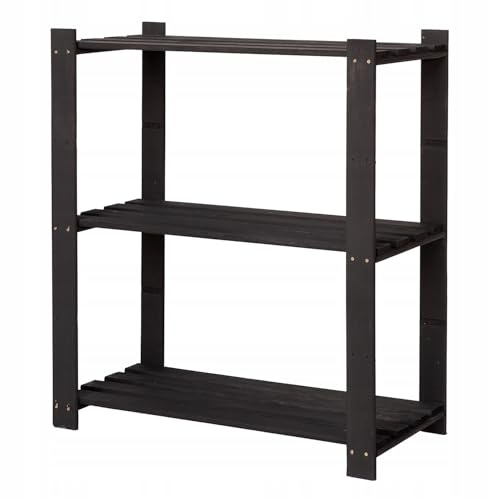 STOLMAK Holzregal Standregal 90x80x38 cm (HxBxT) Schwarz Lagerregal mit 3 Ablagen Stehend Garage Regal Keller Wohnzimmer Kiefernholz Badregal Pflanzenständer Bücherregal