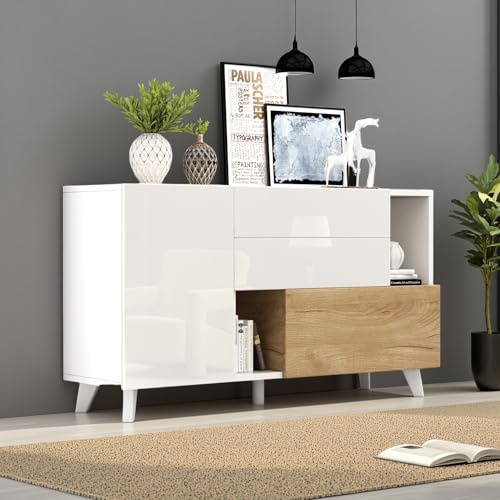 LINKHOO Meuble de Rangement, Buffet Blanc Brillant Couleur Bois d'origine avec Espace de Rangement, Buffet de Salle à Manger avec Espace de Rangement, Armoire de Salon Moderne