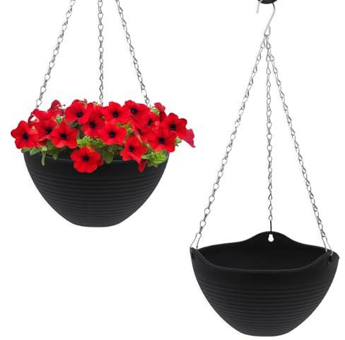 Spetebo Blomampel antracit med spårstruktur 25 cm – set om 2 – plast hängampel med avlopp och metallkedja – trädgårdsdekoration hängande blomkruka blomkruka växtskål blomskål hängande kruka