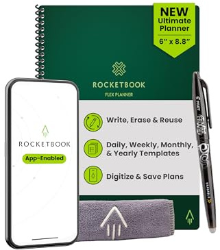 Rocketbook Flex wiederverwendbarer Planer, Executive-Größe, 15,2 x 22,6 cm, Grün | Intelligente undatierte Vorlagen für tägliche, wöchentliche und monatliche Jahreskalender, inklusive Stift und Handtuch
