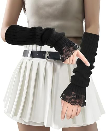 ZenithBurst Langarm-Armstulpen, Fingerlose Armstulpen, Schwarz, Spitzenstrick-Armstulpen, Y2K Cool Girl Armstulpen