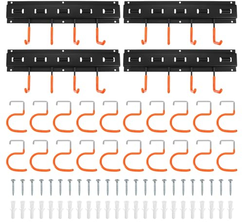 QUARKZMAN Gartengerätehalter 8 x 41cm Aufhängung Gartengeräte, Gerätehalter Wandhalterung mit Orange Haken für Garage, Geräteschuppen, Keller, Werkzeugwand, Rechen, Besen