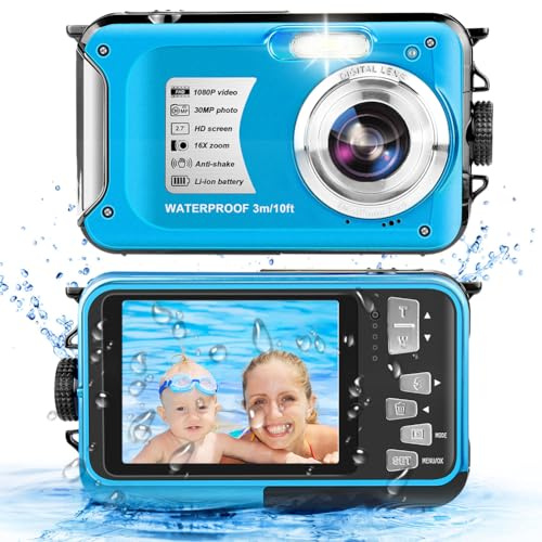 Caméra sous-marine étanche 10FT 1080P Full HD 30MP Caméra sous-marine 16X Zoom numérique avec une carte de 32 Go Appareil photo numérique anti-shake Bleu