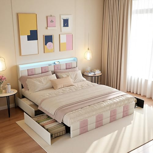 PerGar Bett 160x200, Polsterbett Doppelbett mit LED-Licht und USB, Stauraumbett mit 4 Schublade, Gepolstertes Jugendbett Bettgestell mit Kopfteil und Lattenrost, Samt, Ohne Matratze, Weiß+Rosa