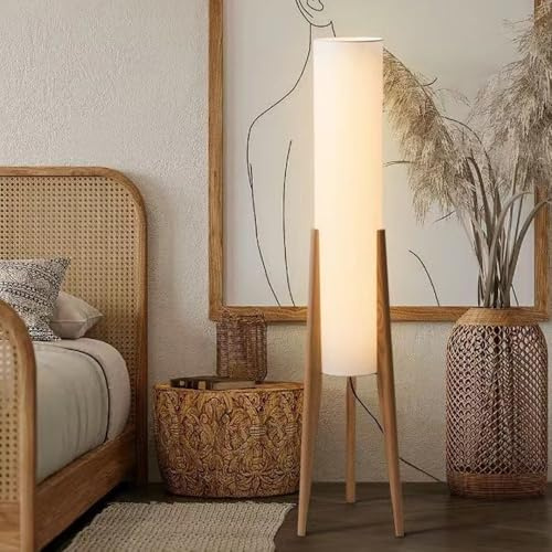 Lampada da terra dimmerabile con treppiede in legno, 128 cm, elegante luce E26 con paralume rotondo in tessuto, per soggiorno, camera da letto, studio, divano e sala da tè, illuminazione moderna per
