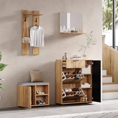Oslghy Garderobenset Wandgarderobe, Garderoben Set mit Spiegel, Schuhbank und Wandpaneelen, Flurgarderobe Set mit 1 Schublade, 2 Haken und 5 Türen, Flurtrockenständer, 140x35x139cm(Nnatural)