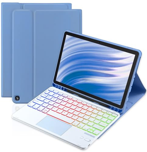 MePadKey Trackpad Keyboard Case for Amazon Fire HD 10/10 Plus 10.1 inch 2021/2023(11/13th Generation),7-Color Backlight Rechargeable Keyboard with Kids Multi-Angle Cover for Tablet (Blue)