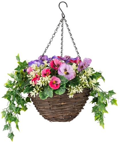 CHRISTOW Artificial Pansy Hanging Basket - Wicker Garden Planter with Light Purple Dark Purple & Pink Flowers, UV-Resistant PE Leaves, Pre-Fitted Triple Steel Chain, 25cm Diameter