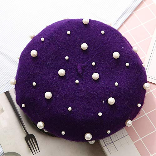 HAIBI Winter Mütze Frauen Winter Wolle Baskenmützeluxus Perle Niete Vintage Kaschmir Weibliche Warme Vogue Baskenmütze Hüte Mädchen Flache Mütze Mütze Für Damen, Lila