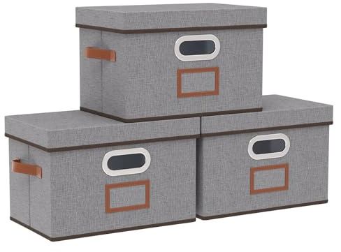 OUTBROS 3 Set Box mit Deckel, Faltbare Aufbewahrungsboxen 38x25x25cm,Grau | Faltbarer Aufbewahrungskorb mit Etikettentasche, Kisten Aufbewahrung, Schrank Organizer Kleiderschrank, für Kleidung