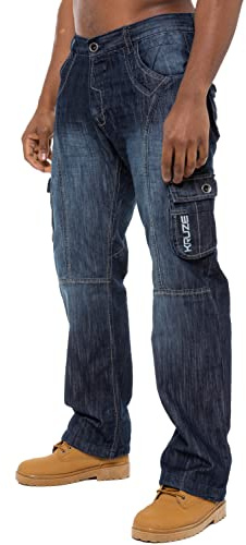 Kruze Jean cargo combat pour homme en denim KZ103 - Pantalon de travail - Toutes tailles, noir foncé, 36W / 32L