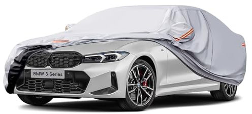 GUNHYI 6 Layers Saloon Car Cover Waterproof Breathable, Heavy Duty Outdoor Car Cover Sun Rain Dust Protection With Zip, Universal Fit For Mercedes C Class, BMW 4 Series, Audi A5, Giulia etc. Silver