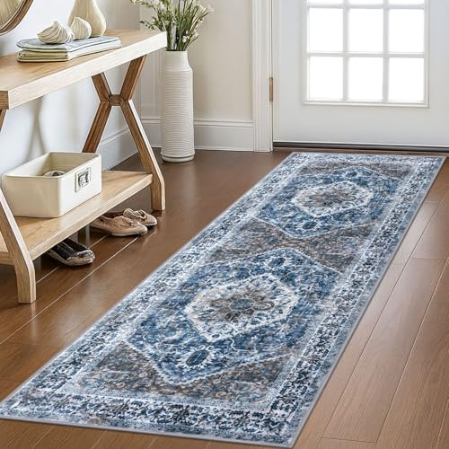 KOZYFLY Runners for Hallways 2x6 Ft Washable Kitchen Runner Rug Boho Runner Rug for Entryway Indoor Blue Printed Oriental Faux Wool Floor Carpet Runner for Bedroom Kitchen Hall