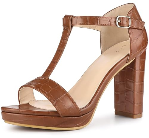 Perphy Platform T Strap Chunky Heels Ankle Strap Sandals for Women Brown 7 UK/Label Size 9 US