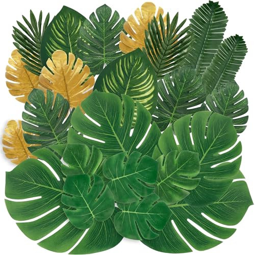 Sggvecsy 64 Stück 8 Arten künstliche tropische Palmenblätter, tropische Blätter, Monstera-Blätter, Safari-Dschungelblatt mit Stielen für hawaiianische Luau-Party, Strandtisch, Hochzeit, Dusche,