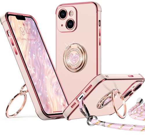 XYZ für iPhone 13 Hülle mit Band, Rosa | Herzen Doppelring Ständer HandyHülle, Frauen Mädchen Dünn Stoßfeste Case mit Handykette, Anti Kratzt SchutzHülle