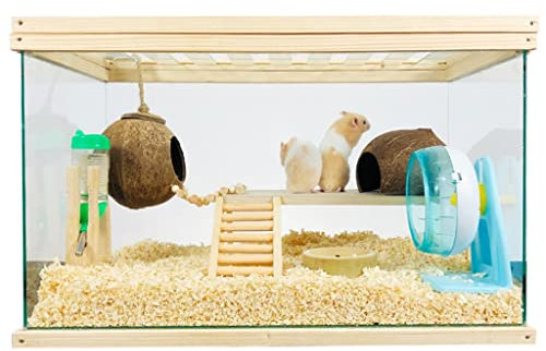 SYSZSYHD Hamsterkäfig aus Holz, bissfester Lebensraum für Kleintiere aus Glas, atmungsaktives kleines Haus für Streifenhörnchen, Haustierratten, Goldbären, Igel (23,6)