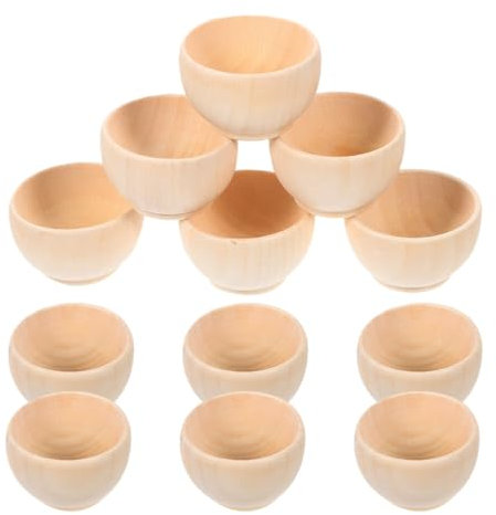 HEMOTON Bandejas de madera para manualidades, 12 unidades, sin pintar, cuencos en miniatura sin pintar, mini cuenco redondo para ensaladas, alimentos, verduras, frutas, frutos secos, salsas y dulces