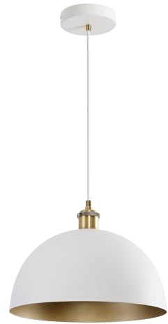 YHANFENGCY Vintage White and Gold Pendant Light Fixture 11.81‘’ Rustic Farmhouse Pendant Lighting Fixture Brass Socket Dome Pendant Lamp for Kitchen Island, Dining Room, Hallway, Bedroom, Living Room