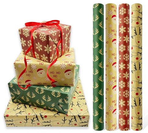 4 rollos de papel de regalo navideño, 43 cm x 3 m, papel de regalo Kraft reciclable, adecuado para Navidad, cumpleaños, fiestas, Halloween, baby shower, decoraciones navideñas