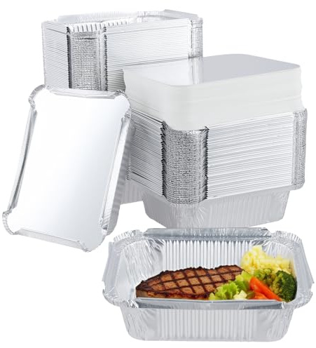 HEIYUET 125 stycken 600 ml aluminiumfolie skålar med lock liten, aluminiumbehållare engångsaluminiumskålar med lock rektangulära, aluminiumfolie grillskålar för bakning, stekning, 16,5 x 13 x 4,5 cm
