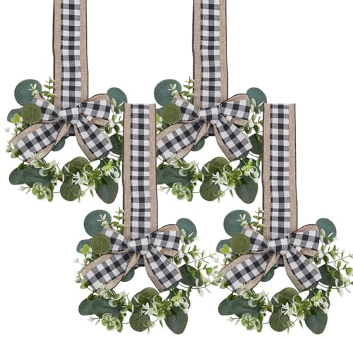 OLYCRAFT 4 st mini bondgårdskrans 24 cm falska köksskåpskransar konstgjord eukalyptuskrans med rutig rosett dekorativa hängande kransar för köksskåp veranda väggdekoration