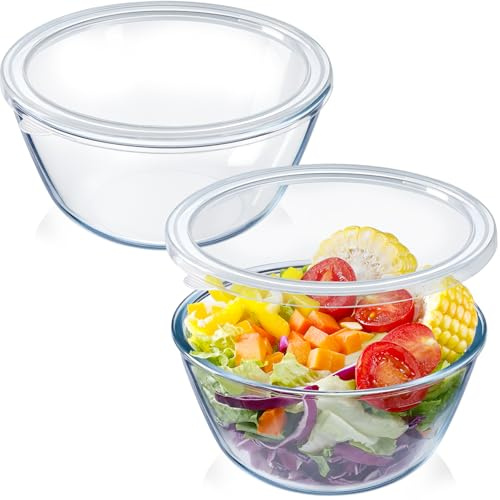 NUTRIUPS 2 Piece Glass Mixing Bowl Set Clear Prepare Mixing Bowl Set, Glass Bowls for Kitchen (1.6L-Set of 2 with lids)