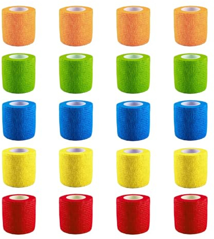20 Pack Self Adhesive Cohesive Bandage, 5cm x 4.5m Vet Wrap, Grip Tape, Equestrian Bandages, Elastic Football Sock Tape for Sports