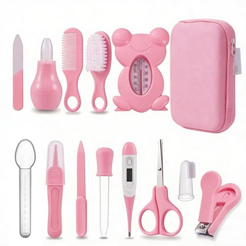Trousse De Soin Bebe,Kit De Toilettage Pour BéBé,Accessoires De Soins Pour Nouveau-Né Avec,ThermomèTre,Cheveux En Toute SéCurité ThermomèTre Pour Nouveau,Essential Avec Un BoîTier Rangement (rose)