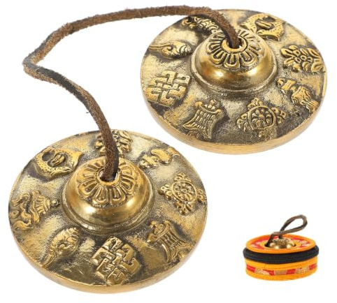 VILLCASE Cloche Tibétaine Cuivre Pur avec Motifs Propices Cymbales à Main pour Méditation et Yoga Instrument de Percussion Artisanal Clair