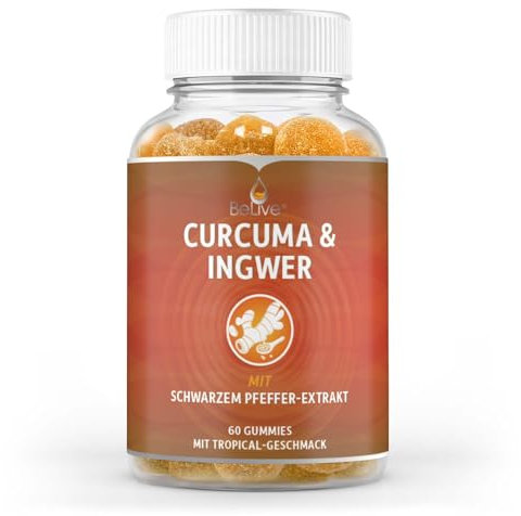 BeLive Curcuma Ingwer Gummies - Kurkuma Gummibärchen mit Ingwer- und Schwarzpfefferextrakt - Natürlich, Vegan, ohne Gelatine - 60 leckere Fruchtgummis