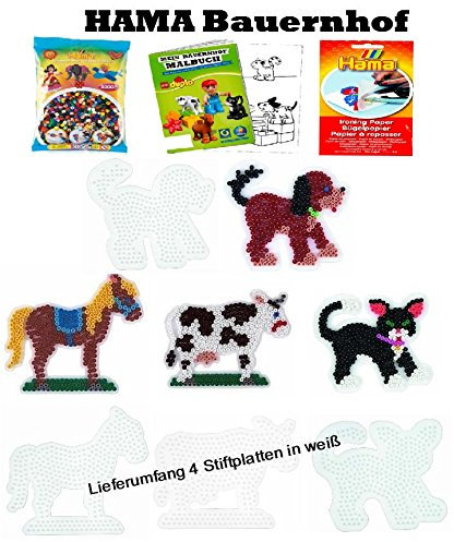 HAMA Stiftplatten-Set midi Bauernhoftiere : Hund Katze Kuh und Pferd + 3000 Bügelperlen + Bügelpapier + duplo Malheft