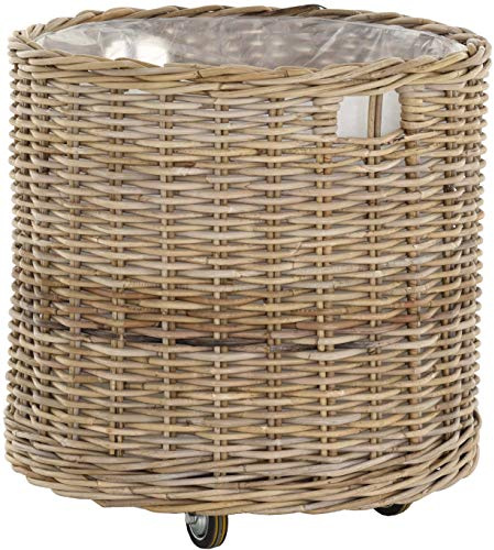 Korb-Outlet Großer Pflanzkorb Rattan rund geflochten grau XXL Pflanzkübel Blumentopf mit Rollen Rollkorb Rattankorb