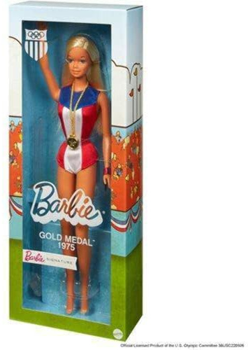 Barbie 1975 Gold Medal Doll Reproduction, Wearing Olympics-Themed One-Piece and Gold Medal Accessory. with Doll Stand and Certificate of Authenticity, Gift for Collectors