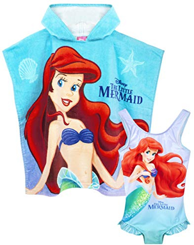 Disney Juego de Poncho de Toalla con Capucha y Traje baño para niña La Sirenita 4-5 años