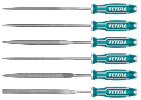 TOTAL - Juego de 6 Limas | 140 mm | Lima Plana, Redonda, Media Redonda, Cuadrada, Triangular y de Cuchillo | Ideal Para Carpintería | Para Limar Madera, Plástico o Metal | Acero Turquesa