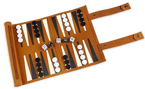 Andux Rollbares Backgammon-Brettspiel Mikrofaser Tragbares Schachspiel PGSLQ-01 (Braun) für 2 Spieler ab 12 Jahren